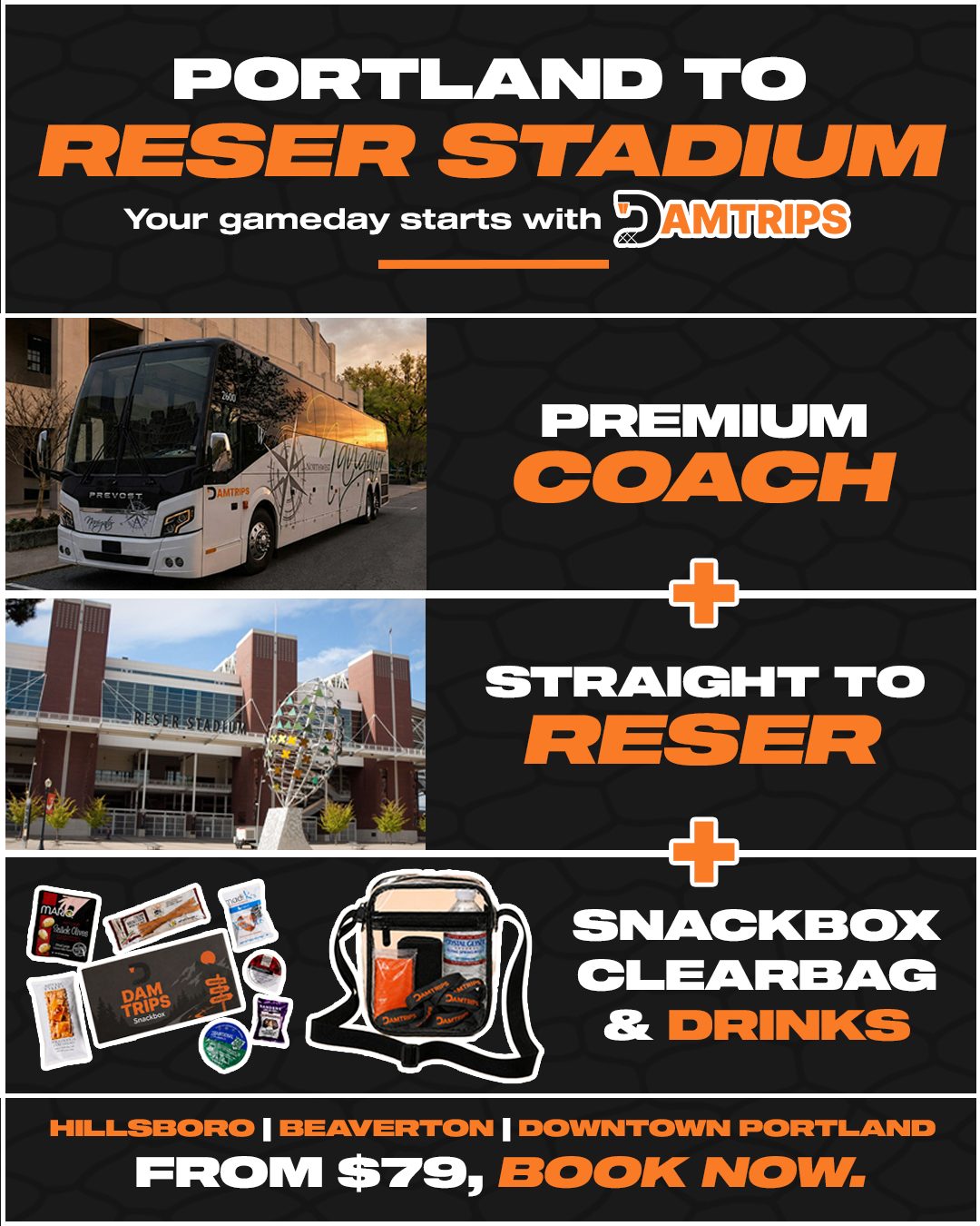 Portland to Reser Stadium — premium coach, straight to Reser, snackbox, clear bag and drinks. Hillsboro, Beaverton, Downtown Portland. From $79.